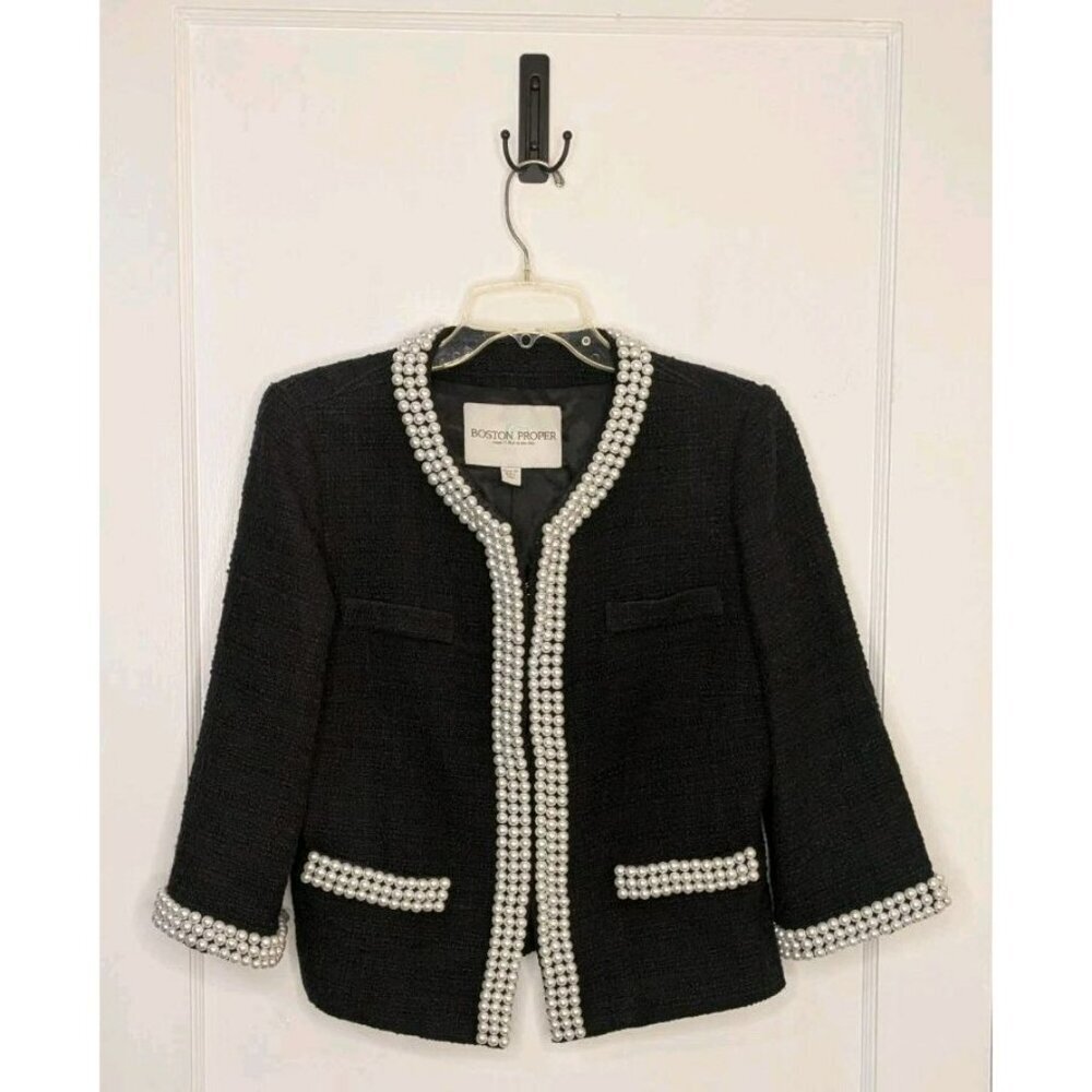 Size 14 Boston Proper Black Tweed Blazer Faux Pearls Trim